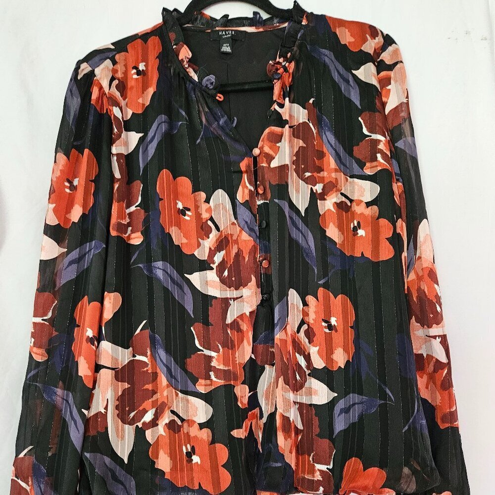 Haver London black/orange floral design pullover‎ Blouse.  Size XL